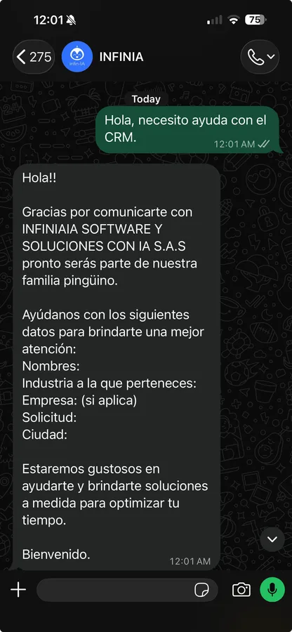 Chatbot de Infin-IA respondiendo en WhatsApp